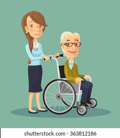 Social worker strolling with elder man in wheelchair. Vector flat illustration