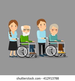 Social worker strolling wheelchair with elderly man and woman. Social care vector illustration