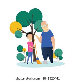 Trabajador social que cuida de las personas mayores. Jóvenes voluntarios ayudan a los ancianos a recorrer el patio. Ilustración de dibujos animados planos vectoriales