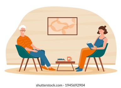 Social Worker Taking Care About Seniors People. Taking Care Of Elderly Parents. Entertain Aged People. Flat Cartoon Vector Illustration Concept Design. Simple Art Isolated On White Background.