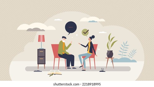 Social worker talking with old man in retirement tiny person concept. Mental assistance with communication and support vector illustration. Conversation and healthcare control in medical center