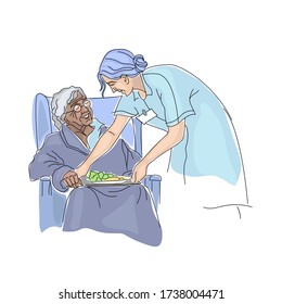 A social worker, volunteer, or nurse serving food to an elderly woman. Hand-drawn vector illustration. Concept on the topic of charity, care for the elderly