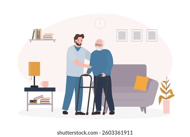 Social worker or volunteer takes care of an elderly man. Empathy, trust and support of help. Young caregiver man helping senior man walking. Medical support. Room interior. flat vector illustration