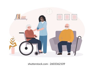 Social worker or volunteer takes care of an elderly people. Empathy, trust and support of help. Caregiver woman helping seniors in nursing home. Medical support. Room interior. vector illustration