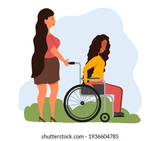 Social worker, volunteer woman helping young afro american in wheelchair with physical disability. Happy friends walk in park. Isolated on white background. Vector illustration flat cartoon style.