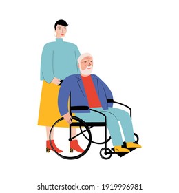 Social worker walking with an elderly man in a wheelchair. A person with disabilities. Vector flat illustration on a white background