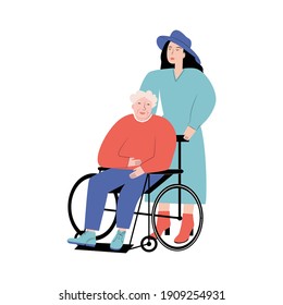 Social worker walking with an elderly woman in a wheelchair. A person with disabilities. Vector flat illustration on a white background