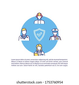 Social Workers Concept Icon With Text. Government Employee For Public Welfare. Doctor And Firefighter. PPT Page Vector Template. Brochure, Magazine, Booklet Design Element With Linear Illustrations