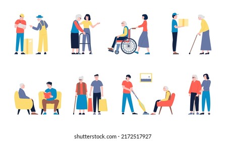 Social workers. Elderly seniors care volunteers, teenager volunteering. Person volunteer support old people. Man in wheelchair, charity recent vector team
