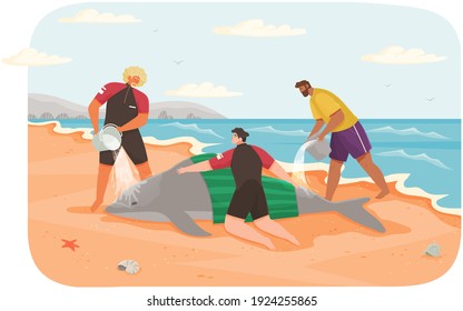 Social workers rescue dolphin on beach. Volunteers pour water on animal and cool it down to save. Marine mammal is lying on shore under supervision of specialists. People take care of dolphin