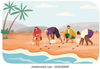 Social workers rescue turtles on beach. Volunteers release animals into open ocean. Reptiles crawl out of buckets and run towards water to swim freely vector illustration. People take care of turtles