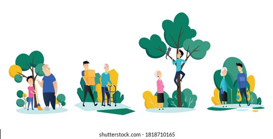 Trabajadores sociales cuidando de personas mayores. Los jóvenes voluntarios ayudan a los ancianos y a las mujeres en diferentes situaciones. Ilustración de dibujos animados planos vectoriales