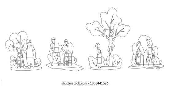 Social workers taking care about seniors peoples. Volunteer young people help elderly mans and womans in different situations. Vector flat cartoon illustration in sketch line drawing