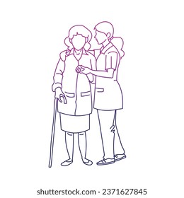 Social workers taking care about seniors people. Vector line art illustration. Volunteer young people help elderly people walk, ride wheelchair and shop.