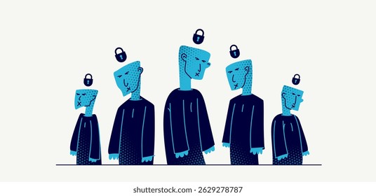 Social zombies vector concept, matrix and mind control, psychological dictatorship and totalitarian society and state, tyranny and restrictions, killing individuality.