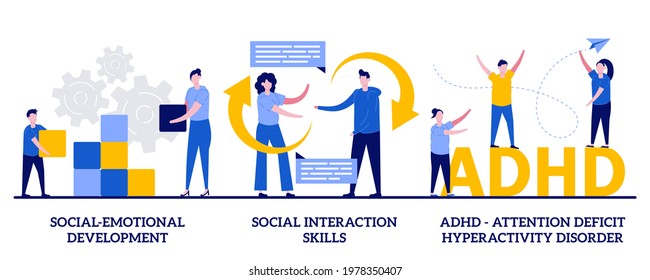 Social-emotional development, social interaction skills, ADHD - attention deficit hyperactivity disorder concept with tiny people. Child psychology abstract vector illustration set.