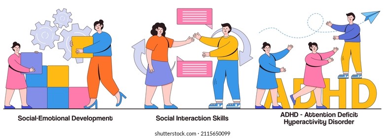 Social-emotional development, social interaction skills, ADHD - attention deficit hyperactivity disorder concept with tiny people. Child psychology abstract vector illustration set.