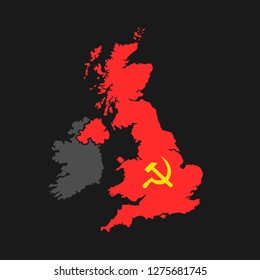 Socialism and communism in Great Britain and United Kingdom ( UK ) - left and left-wing British politics and politician. Vector illustration of red map and sickle with hammer.
