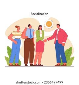 Socialización. Desarrollo de habilidades de comunicación. Grupo de personas interactuando, haciendo conexiones. Personajes construyendo una comunidad. Mujer y hombre estrechando manos. Ilustración vectorial plana