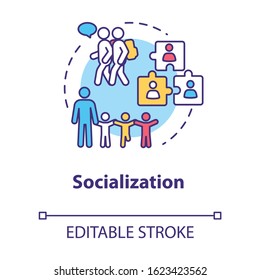 Socialization concept icon. Diversity in school group. Inclusive education. Social adaptation. Communication idea thin line illustration. Vector isolated outline RGB color drawing. Editable stroke