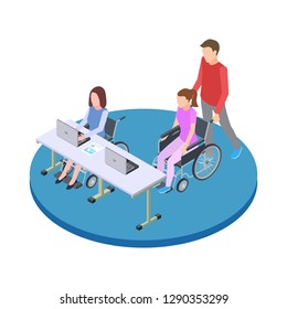 Socialization and education of people with disabilities isometric vector concept