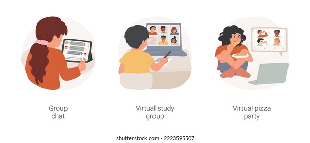 Socialization In Online Public School Isolated Cartoon Vector Illustration Set. Group Chat, Virtual Study Group, Online Pizza Party, Class Discussion, Video Chat, Virtual Meet Up Vector Cartoon.