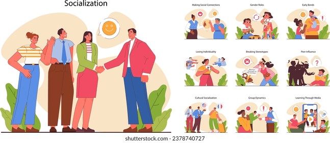 Conjunto de socialización. Desarrollo de habilidades de comunicación. Gente interactuando, haciendo conexiones. Carácter en una comunidad. Estereotipos sociales, roles de género y dinámica de grupo. Ilustración vectorial plana