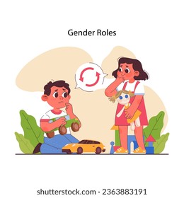 Socialization. Society gender roles influence. Children playing sharing gender-focused stereotypical toys. Little boy with a car toy, little girl with a doll. Flat vector illustration