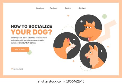 Socialization and training of pets. Dog camp. Landing page design concept. Vector flat illustration.