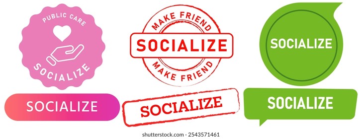 Socializar la comunicación de la conexión de la persona humana socialización social cooperativa amigos sello colorido insignia etiqueta engomada sello sello diseño icono conjunto colección