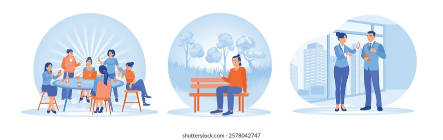 Socialize and use digital devices. The man sitting on a park bench and interacting with his smartphone. Modern technological advances. Concept of Young People Using Smartphones. 