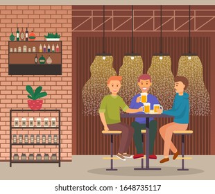 Socializing people relaxing on weekends in bar drinking bear and talking. Men spending time in manly company. Group of guys in pub celebrating holiday. Bachelors party in cafe, vector in flat style