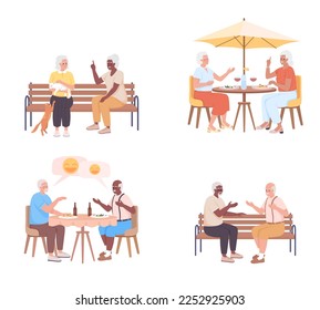 Socializing for seniors semi flat color vector characters set. Social life. Editable figures. Full body people on white. Simple cartoon style illustration pack for web graphic design and animation