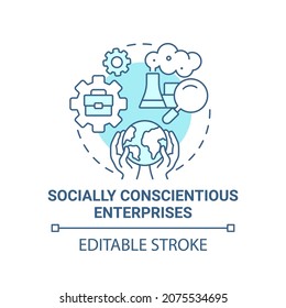 Socially Conscientious Enterprises Blue Concept Icon. Social Entrepreneur Focus Abstract Idea Thin Line Illustration. Corporate Responsibility. Vector Isolated Outline Color Drawing. Editable Stroke