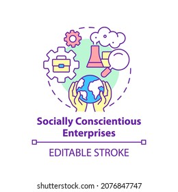 Socially conscientious enterprises concept icon. Social entrepreneurship focus abstract idea thin line illustration. Corporate responsibility. Vector isolated outline color drawing. Editable stroke