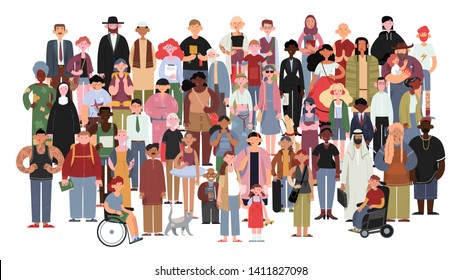 Socially diverse multicultural and multiracial people on an isolated white background. Happy old and young women and men with children, as well as people with disabilities standing together.