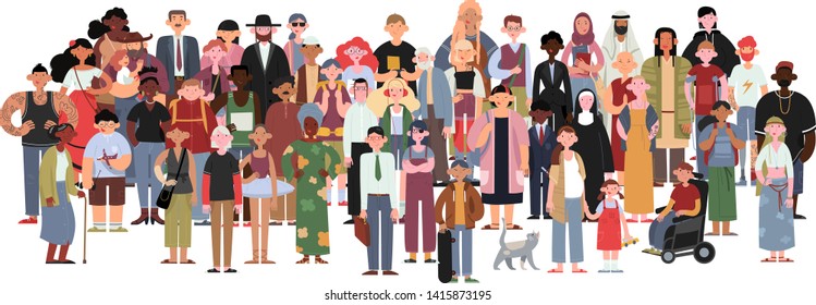 Socially diverse multicultural and multiracial people on an isolated white background. Happy old and young women and men with children, as well as people with disabilities standing together.