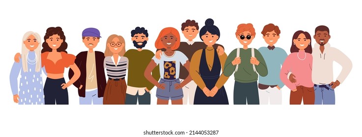 Socially diverse multicultural and multiracial people on an isolated white background. Happy old and young women and men with children, as well as people with disabilities standing together.