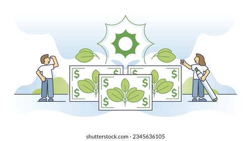 Socially responsible investing for environmental projects outline concept. Nature friendly and green business investing vector illustration. Ecological project financial support. Sustainable economy.