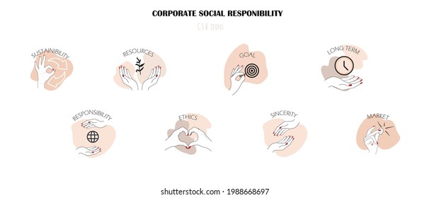 Socially responsible investing. icons of company values with strong environmental, social and corporate governance records. symbols of sustainable, ethical, fair, sincere, long term business goals