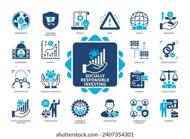 Socially Responsible Investing SRI icon set. Environment, Corporate Governance, Finance, Shareholder, Project, Gender Diversity, investment, Social Justice. Duotone color solid icons