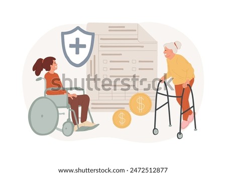 Social-security benefit isolated concept vector illustration. Social security protection, application form, benefit calculator, retirement insurance, disability income, agent vector concept.