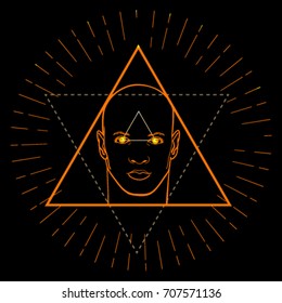 Societal geometry. Portrait of a man. The triangle is a sign of masculinity. On a black background. The image is contour. Orange color. Vector. The theme is isothermics.