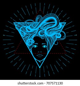 Societal geometry. Portrait of a woman. Triangle sign of femininity. On a black background. The image is contour. Blue. Vector. The theme is isothermics.