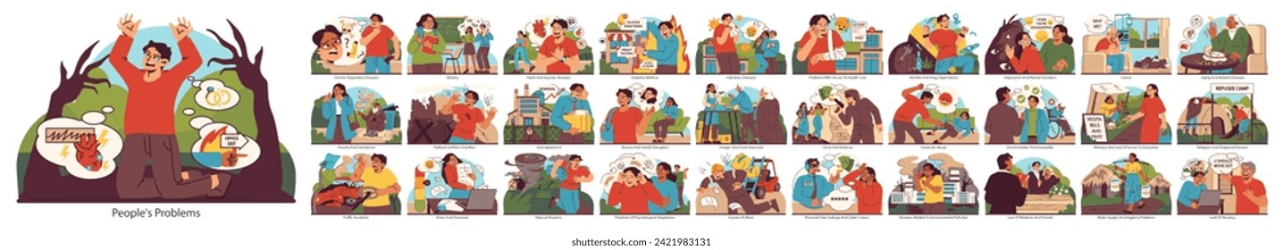 Societal issues set. A comprehensive vector set illustrating a wide array of contemporary social challenges from health to housing, capturing the essence of human adversity. Vector illustration.