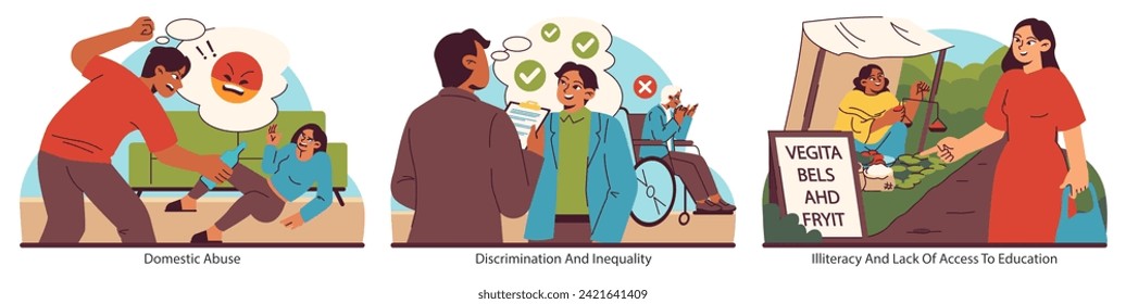 Societal issues set. Illustrates domestic abuse, discrimination, and educational challenges. Captures personal conflict, societal barriers, and learning opportunities. Flat vector illustration.