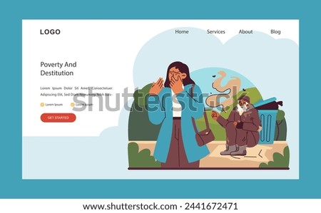 Societal plight set. A woman empathizes with a homeless man amidst urban neglect. The stark reality of homelessness and societal oversight. Flat vector illustration.