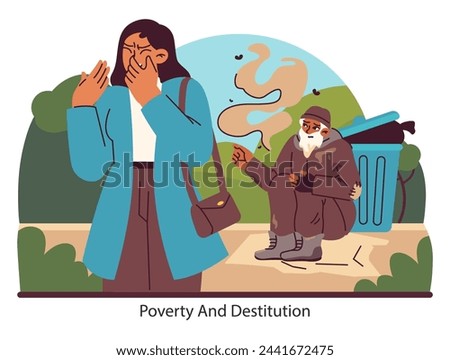 Societal plight set. A woman empathizes with a homeless man amidst urban neglect. The stark reality of homelessness and societal oversight. Flat vector illustration.