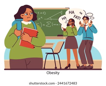 Societal Weight Stigma. Highlighting the emotional toll of obesity bullying in educational settings. The silent battle against weight judgment. Flat vector illustration.