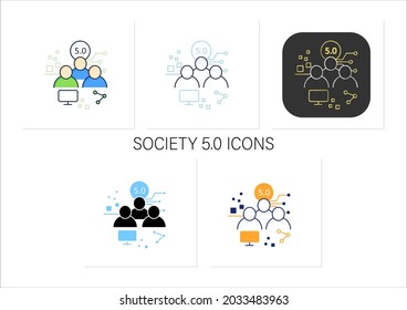 Society 5.0 icons set.Human-centered association.Super-smart society.Sustainable, inclusive system.Collection of icons in linear,filled,color styles.Isolated vector illustrations